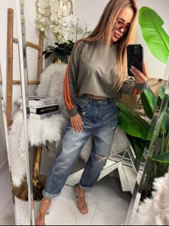 Bluza bawełniana w kolorze khaki z pomarańczowymi lampasami
